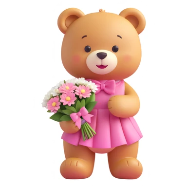 A cute teddy bear with a pink bow on its head, holding a bouquet of white flowers, in a 3D iOS Disney style, with a soft pink background and hearts floating around, wearing a pink dress, a big smile, and a cute blush on its cheeks. sticker