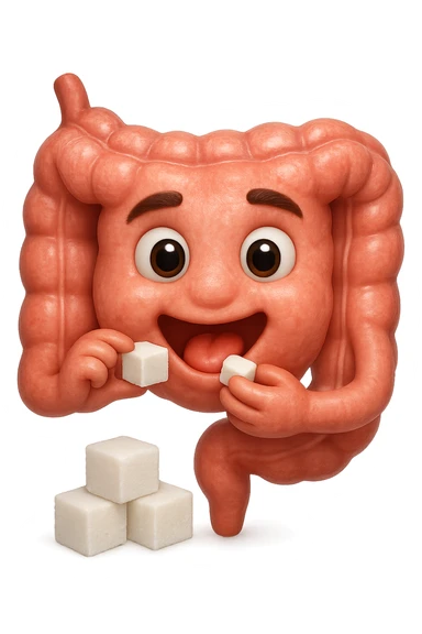 emoji stile iphone di un intestino anatomico che mangia zollette di zucchero, iperrealistico 4k, isolato su sfondo bianco sticker