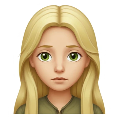 blonde with long hair and swamp-colored eyes, thoughtful expression, iOS Apple emoji style sticker