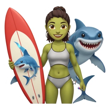 orc female holds a little surfboard with a shark painted vertically in his hands sticker
