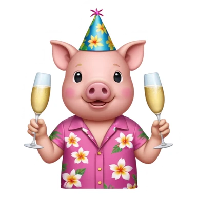 Pig with aloha shirt, birthday hat, champagne glass sticker