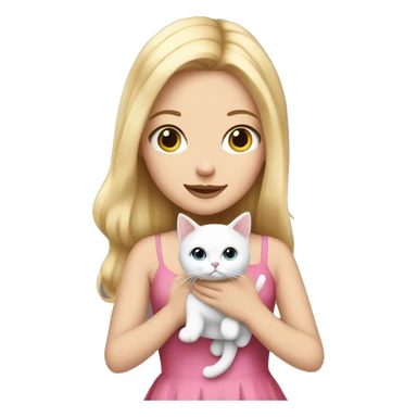 A white girl blonde hair with a pink dress holding a white cat sticker