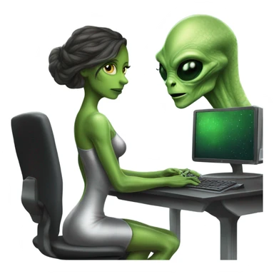 Green Alien reptilian woman in silver dress, full figure, working at computer  sticker
