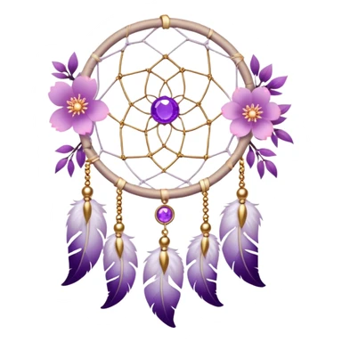 A white Dreamcatcher with purple-round-orb-stones, gold-ring-accents, purple tint flowers, pink sakura flowers, sticker