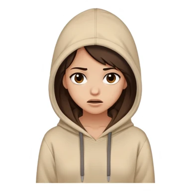A girl in a beige hoodie with dark brown hair with a facial expression "what the fuck?" sticker