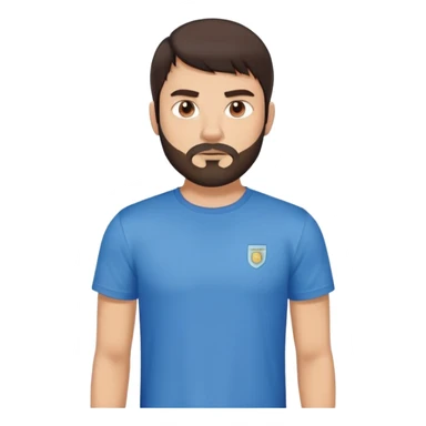 Argentine male with straight dark brown hair and bangs, short complete beard, serious neutral face, wearing plain blue t-shirt sticker
