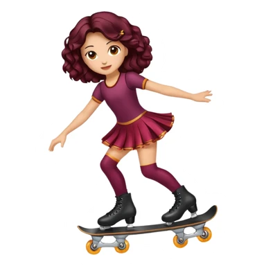 Una patinadora de 12 años y es morena de pelo y lleva un mallott granate con brillos y esta patinando con patines de ruedas en linea y su piel es clara y el pelo es largo negro ondulado e mallot tiene falda sticker
