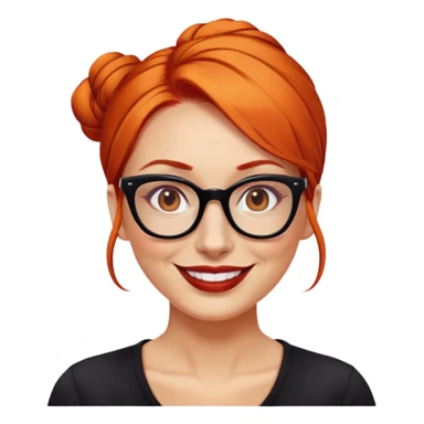 nữ 40 tuổi, da trắng,môi đỏ thẫm, tóc búi gọn gàng màu cam, đeo kính đen, mặt cười tươi, hơi có nếp nhăn, áo đen sticker