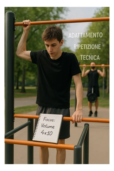 Giovane atleta principiante, fisico asciutto ma non muscoloso, si allena in uno street park con sbarra e parallele. Sta eseguendo serie lunghe di trazioni a corpo libero, concentrato sulla tecnica e sul controllo. Vicino a lui si vede un block notes con scritto a penna 'Focus: Volume, 4x10', mentre in lontananza un altro atleta molto più grosso fa una singola ripetizione con zavorra pesante. Il neofita guarda il suo diario, non gli altri. L’ambiente è sereno, luce naturale, atmosfera di crescita e disciplina. Sullo sfondo si intravedono i concetti scritti in aria con stile metaforico: 'Adattamento', 'Ripetizione', 'Tecnica', fluttuanti accanto a lui sticker