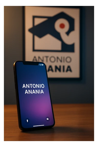 A photo of an iPhone on the desk with the message "Antonio Anania" on its screen, The phone sits atop a desk with a blurred with the logo in the background that suggests work environment. A faint glow from above casts gentle shadows across the surface of each object, creating depth and highlighting their textures sticker