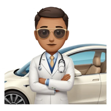 White tesla model 3 with a cool physician with sunglasses next to it sticker