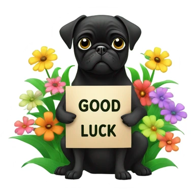 Black pug , surrounded by flowers, holding a green sign that says “good luck”  sticker