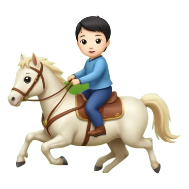 l little chinese baby riding on a  cute horse running really fast on the grass with 2026 year's label sticker