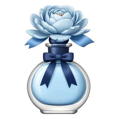 pearl blue vintage style perfume bottle and navy colored peonies and a powder blue bow sticker
