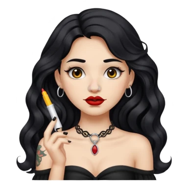 I want to create a female emoji with long black wavy hair and collar bone tattoo that says “me before you” and she has her nose pierced and black lip stick sticker