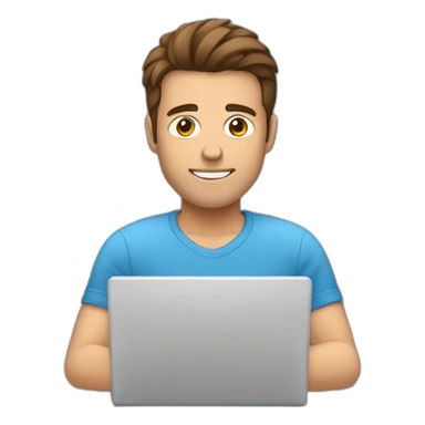 A man with brown hair, brown eyes, and a blue shirt. He is typing a message on his laptop sticker