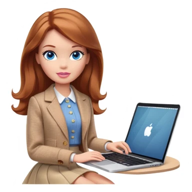 A Barbie girl with blue eyes, shoulder-length reddish-brown hair, made-up, wearing a beige tweed jacket and a beige skirt, is sitting with a MacBook sticker