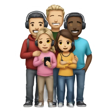 A group of five to seven humans cuddling with casual cloths, having headsets on and holding telephones  sticker