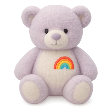 Add a rainbow patch to the purple and white teddy bear, keep it soft and plush, no shadows, flat lighting, no background. The style should maintain the soft and plush look of the teddy bear with flat lighting and no shadows. sticker