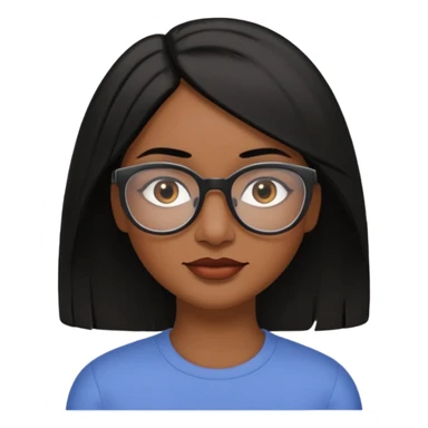 A 30 year woman emoji with medium-dark skin, straight shoulder-length black hair parted to the side, an oval-shaped face, arched dark eyebrows, large brown eyes with glasses, a small nose, and natural-toned lips. sticker