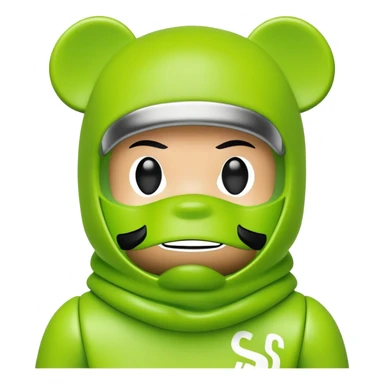 bearbrick toy wearing a lime green balaclava with Supreme logo and thick aggressive eyebrows showing above sticker