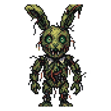 Make Springtrap appear even more damaged, with more torn suit, exposed wires, and broken animatronic parts in pixel art style. Remove background. sticker