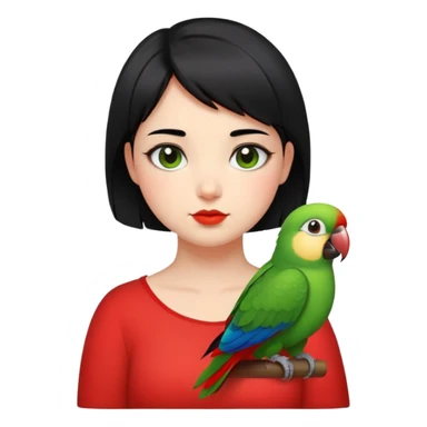 A chubby cheeks girl with short black hair with a green red lip parrot on her shoulder  sticker