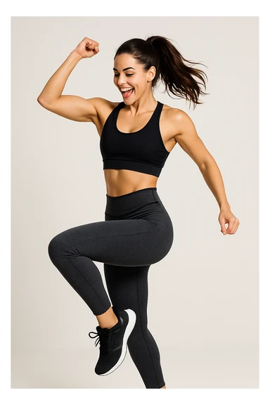 workout girl with brown hair, energetic pose, modern athletic outfit, clean background sticker