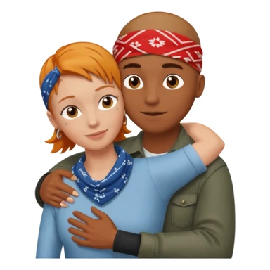 Two people hugging, brown guy with a buzzed cut and bandana, and a white woman with ginger hair sticker