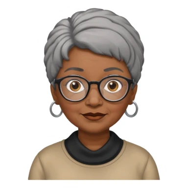 emoji of a black grandma women with black and gray hair in a low ponytail with glasses and brown eyebrows sticker