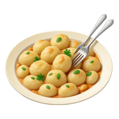 Gnocchi Cinematic Realistic Gnocchi Dish Emoji, depicted as tender potato dumplings garnished with iconic fork marks on top, rendered with soft textures and warm, inviting lighting. sticker