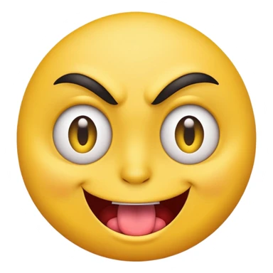 A yellow round face emoji smirking with its tounge out but the eyes are evil and kind of crazy and the eyebrows are turned  sticker