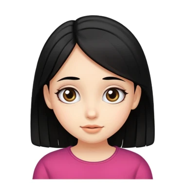 Crear emoji de una chica de piel blanca ojos grandes negro pelo lacio negro con raya al medio tierna, dulce y alegre sticker