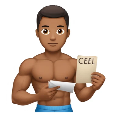 Black big men without shirt showing paper with write "cfel" sticker
