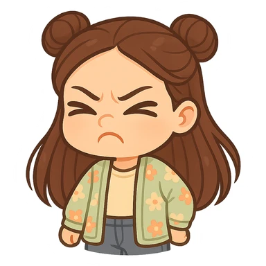 Create a chibi sticker of the girl from the reference image. She has brown straight hair in double buns, brown eyes, wearing a pastel floral cardigan and jeans. She is scrunching up her nose and closing her eyes, looking like she smelled something terrible. The sticker should have a white outline and transparent background, 512x512px. sticker