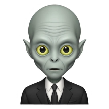 an old alien with black suit, grey skin, neutral sticker