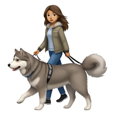 A girl with long brown hair walks a gray Alaskan sticker