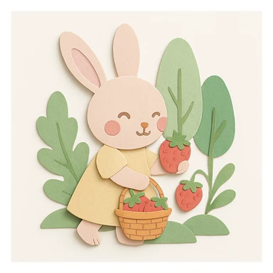 Polish the image for a cleaner, higher-quality look while keeping all design elements unchanged. Bunny picking strawberries in the woods, sweet pastel red, paper-craft style, soft pastel color, transparent background. sticker