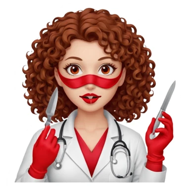 Lilith scalpel in hand, evil surgeon sexy surgeon clothes.  She has red eyes.  Hair is long. Hair is brown and curly hair. Wears sexy doctor outfit with red gloves. Covers mouth and neck mask  red sticker