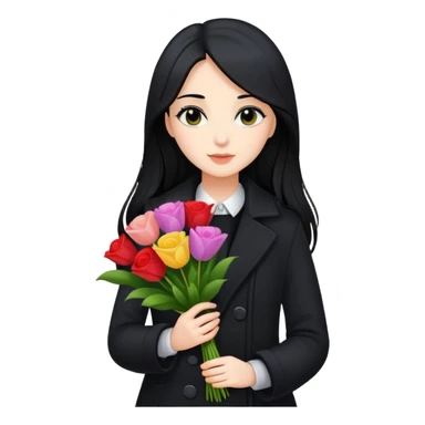 beautiful girl with long black hair wearing a black coat holding a bouquet of flowers sticker