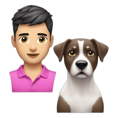 young handsome man with straight short dark hair and dark eyes with large eyelashes and plump pink lips protruding cheekbones in a sports polo shirt with a dog sticker