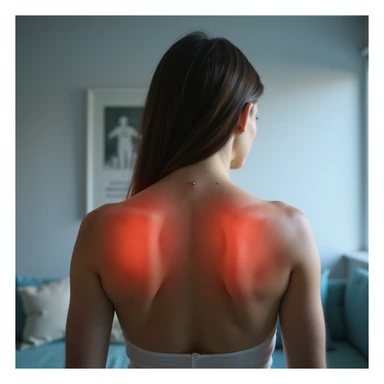 hyperrealistic 4K image of a woman seen from behind with inflamed shoulder blades, red skin between the shoulder blades, clinical environment, variant 5 with slightly changed torso position sticker