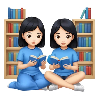 two asian girls black hair sitting reading blue books sticker