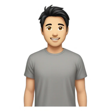 guy, black hair, medium length hair, in his 20s, very asian, smiling, t-shirt only, slight brown skin sticker