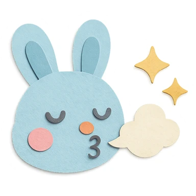 pastel blue bunny with cloud, blowing a kiss with sparkles, paper-craft style sticker