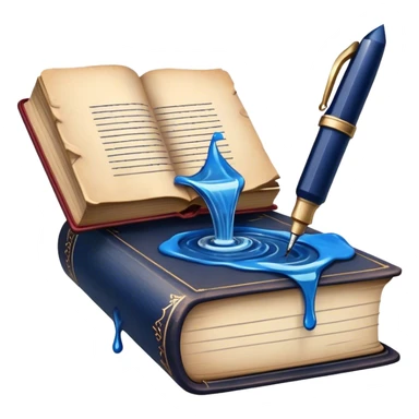 Create a vibrant emoji representing prose writing with an old-style, antique look. The design should include semi-turned pages of an old book with unfinished prose written on them. Add a vintage ink bottle (inkwell) and a classic fountain pen or quill with black or dark blue ink flowing onto the pages. Use warm, earthy tones like deep browns, golds, and creams for the book and ink bottle, with subtle ink splatters for an artistic touch. The overall style should evoke a sense of timeless storytelling and literary craftsmanship. Make the background transparent. sticker