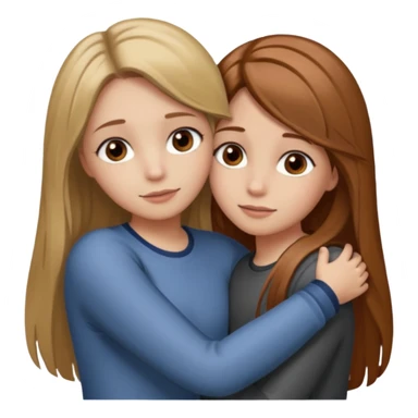 Two girls are hugging. One has dirty blonde hair with a little reddish in it. She has also grey eyes. Her hair is long and straight. The other girl has dark brown hair with hazel eyes sticker