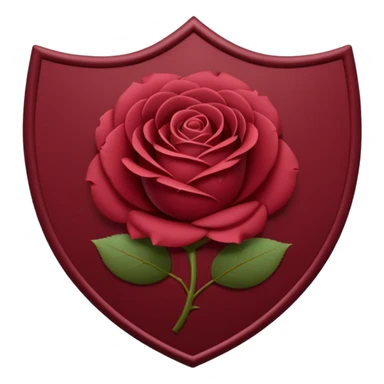 A smooth, rounded shield silhouette in deep wine red (#7A0F1E) with a centered minimalist rose emblem. The rose should be elegant and simple, with soft curved petals and subtle symmetry. sticker