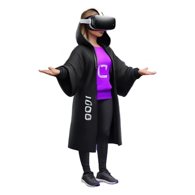 Russian girl wearing black hoody with violet letters "OMG", in vr headset oculus quest2. Standing like jedi. Cyberpunk style. Violet neon. sticker