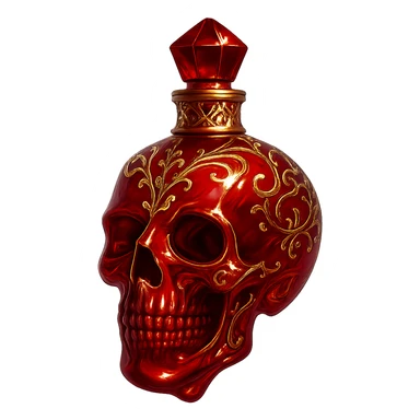 luxurious red elixir bottle in the shape of a skull, very small, barely visible golden collar, lots of shine, edges, light refractions, golden details, ornaments, magical effects, transparent background, beautiful merging bottom, bottle clearly hanging in the air, no base or shadow, premium class impression, design matching a collection of crystal, luxurious, magical bottles sticker